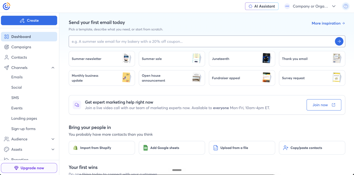 Constant Contact dashboard showing the send-your-first-email home screen.