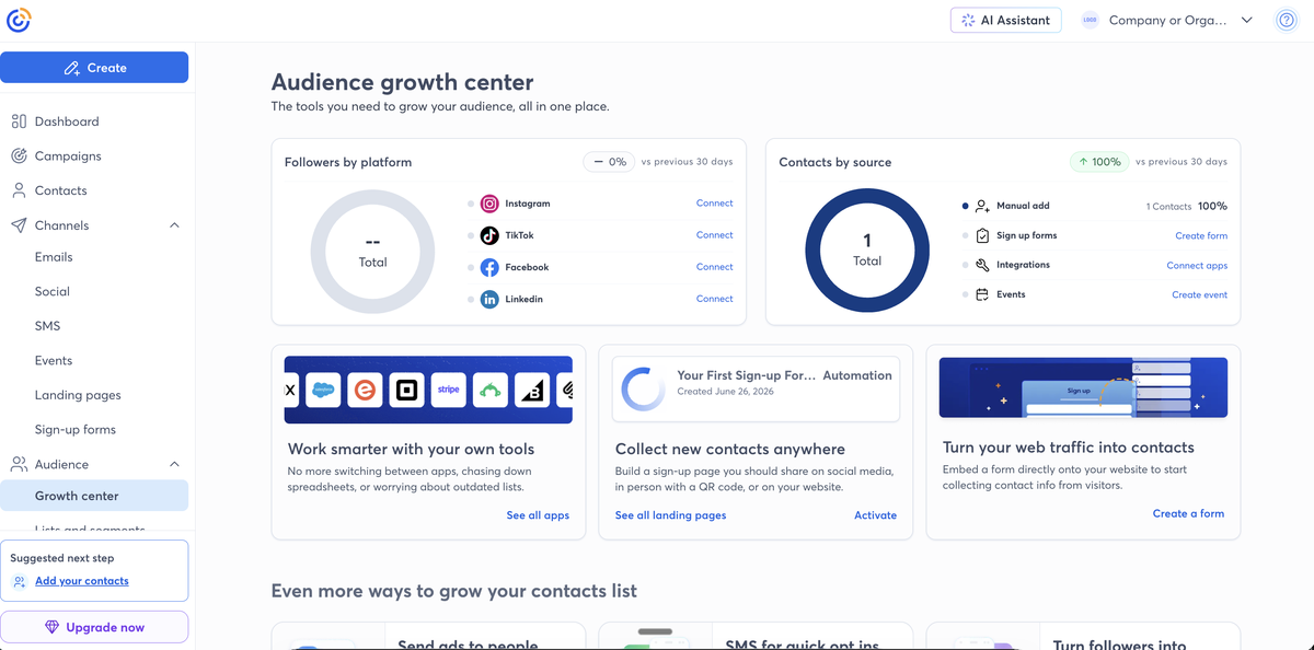 Constant Contact audience growth center showing signup forms and list-building tools.